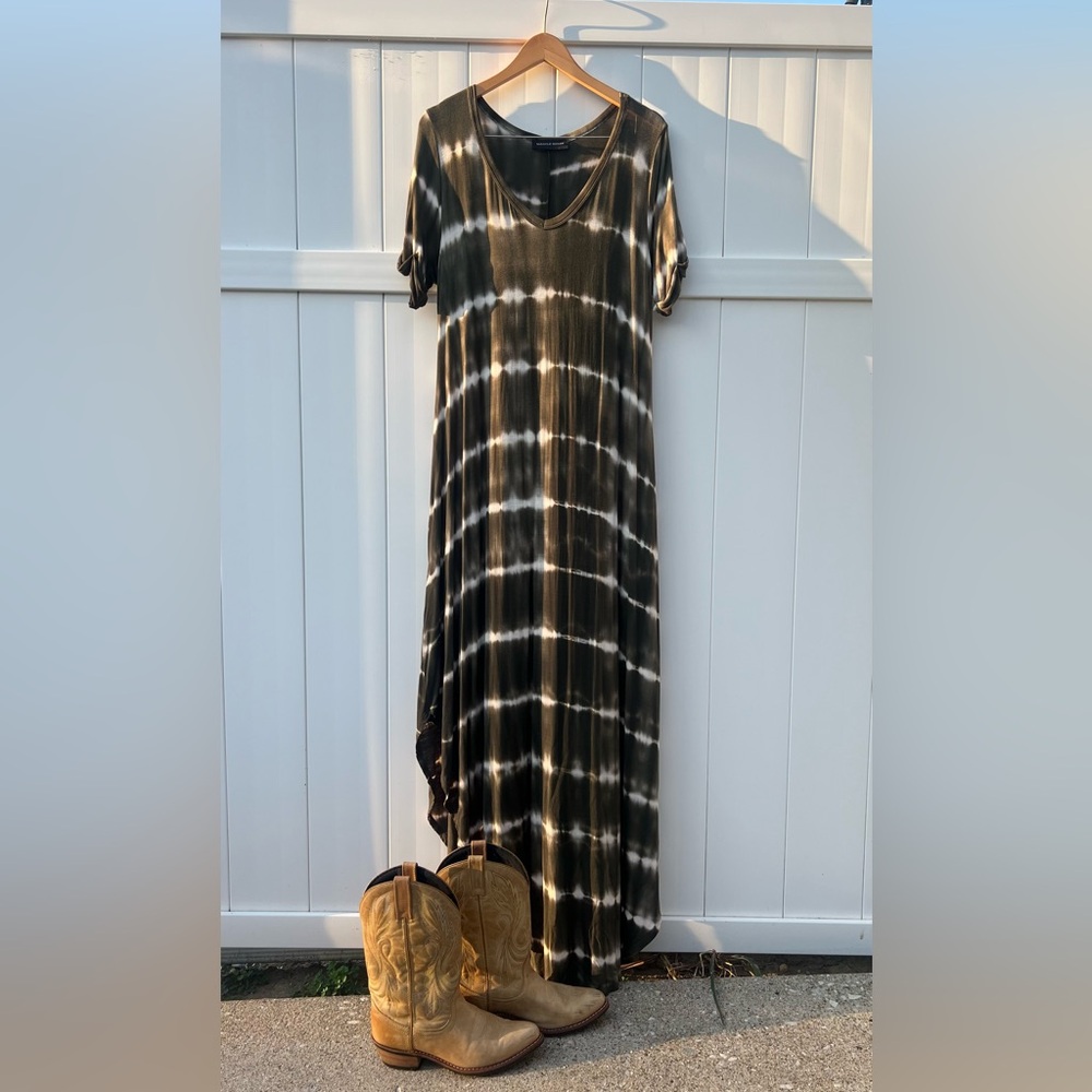 Green and White Maxi Dress, Tie Dye with pockets, Jersey knit stretch Large long
